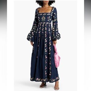 AGUA BENDITA SIENA TREBOL HAND-EMBROIDERED LINEN MAXI DRESS NWT
